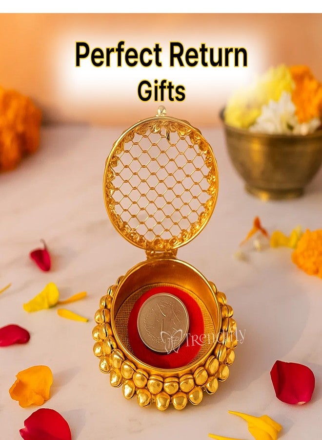 Trendifly Golden Metal Ghungroo Round Gold Silver Coin Cash Shagun Box | Decorative Ring Coin Sikka Storage Box | Wedding Pooja Baby Shower Rakhi Shagun Return Gifts - Image 4